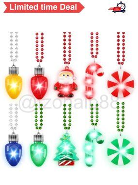 📿 Christmas LED Necklaces Santa Tree Candy Cane Light Up Party Favors 10 Pc